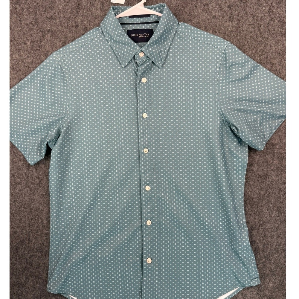 JACHS New York Mens Small Teal Green Geometric Print Short Sleeve Button Down